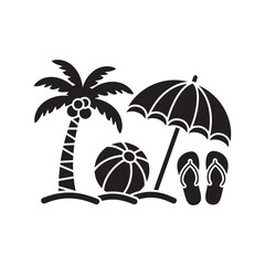 Tropical summer beach elements icon including palm tree, sun umbrella, beach ball, and flip-flops for vacation themes.