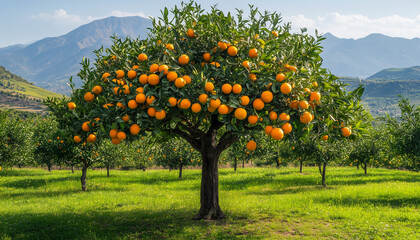 Orange tree laden with ripe fruits in sunlight, highlighting agricultural productivity and fruit ripening