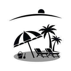 Relaxing beach scene with lounge chairs, palm trees, sun, and sand bucket for summer vacation and leisure.