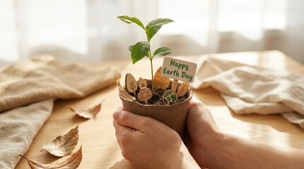 Celebratory earth day planting event home setting gardening scene indoor environment close-up view environmental awareness initiative