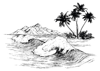 Naklejka premium Hand drawn line art illustration of a tropical beach depicting ocean waves and palm trees for summer travel