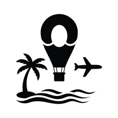 Travel location icon with hot air balloon, airplane, palm tree, and ocean waves for destination and tourism maps.