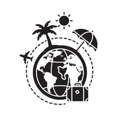Global travel concept icon with globe, airplane, suitcase, sun, and beach umbrella for international tourism.