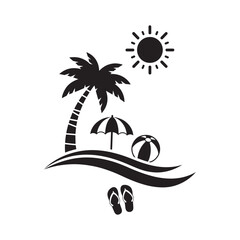 Summer beach island illustration with palm tree, sun, waves, beach ball, and flip-flops for vacation design.