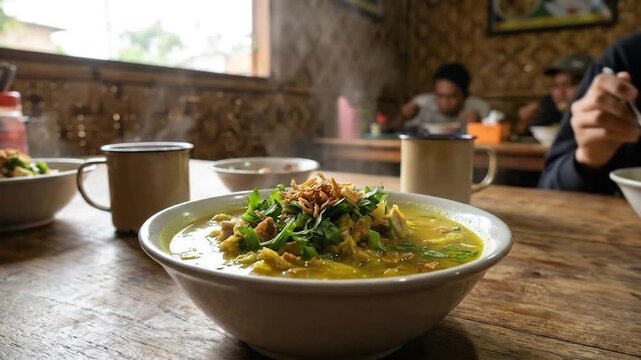 Steaming Bowl of Soto Ayam, Traditional Indonesian Chicken Soup, Served in a Rustic Restaurant Setting.