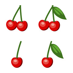 Set of fresh red cherry fruit vector illustrations with and without leaves