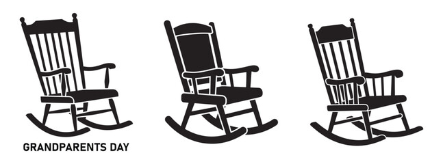 Set of rocking chair icons for Grandparents Day celebration in classic wooden furniture style.