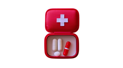 Obraz premium A bright red, compact first aid kit, prominently featuring a white cross emblem, is opened to reveal an assortment of medical pills and capsules inside, set against a dark black background.