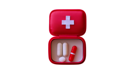 A bright red, compact first aid kit, prominently featuring a white cross emblem, is opened to reveal an assortment of medical pills and capsules inside, set against a dark black background.