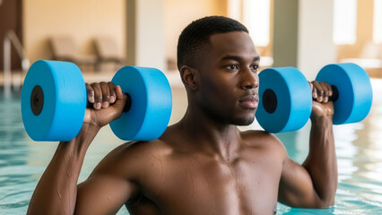 African-American male aquatic workout participant with foam dumbbells in modern indoor pool, fitness and strength training