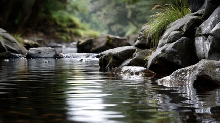 Tranquil river stream flowing over rocks with reflections serene nature scene close-up viewpoint gigapixel quality