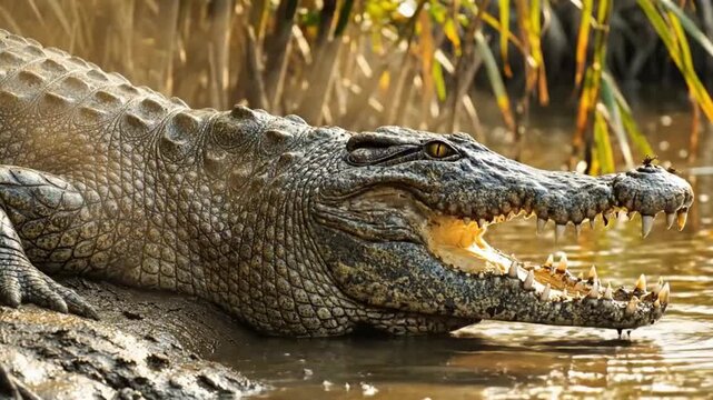 A detailed close-up shot captures a powerful reptilian predator resting partially submerged in muddy river water, its ancient, textured skin and formidable scales prominent. The creature's piercing ye