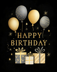 Elegant happy birthday greeting card design with gold and gray balloons gift boxes and sparkle stars on black background for luxury celebration invitation.