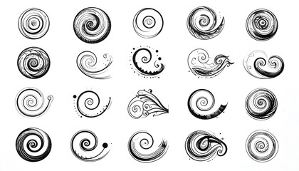 Collection of Swirls and Spirals Abstract Brush Strokes.