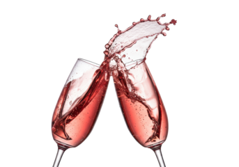 two elegant lead crystal flutes filled with effervescent deep pink rosé champagne clink, freezing a massive droplet splash crown on a transparent background. concept of luxurious triumph