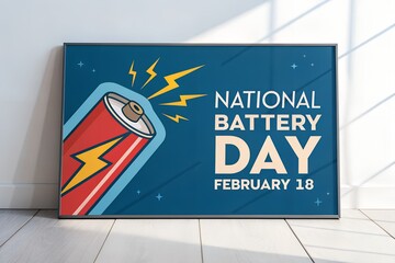 Commemorative graphic poster celebrating national battery day on february eighteenth featuring a bold red and yellow energized battery illustration on a deep blue background