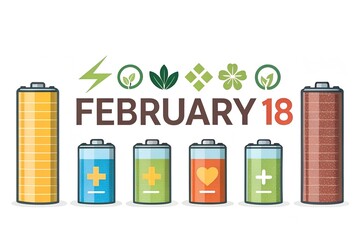 Celebrating february eighteenth battery power day with various renewable energy icons and charge level indicators below the date graphic