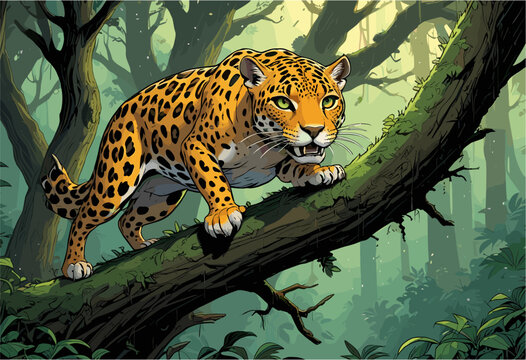 a quirky cartoon jaguar with a curious expression walking on a tree branch. Lush green jungle forest background, wild animal character concept