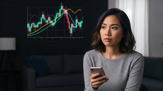 Asian woman checking stock trends on smartphone in dark living room, financial analysis and market monitoring - Powered by Adobe