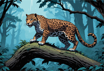 a powerful stylized jaguar standing on a thick tree branch. Lush blue jungle forest background with mist and silhouettes, wild animal predator concept © laurence