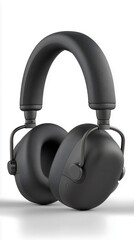 Modern black wireless headphones isolated on white background with shadow reflections and copy space for tech design.