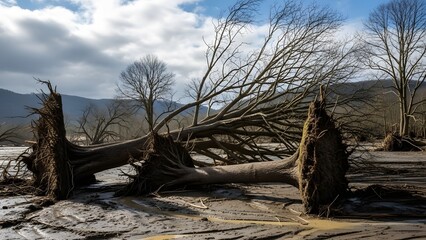 Uprooted trees with exposed roots lying on muddy ground under a cloudy sky fallen trees flood aftermath