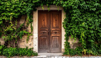 Rustic Wooden Double Door Covered in Lush Green Ivy.