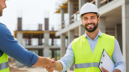 Caucasian male construction manager offering handshake at building site, professional collaboration and partnership in project management