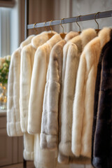 Luxury fur coats hanging on a metal rack in a high end fashion boutique featuring elegant neutral colors and soft winter apparel textures.