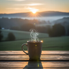 Steaming coffee mug on a rustic wooden table with a breathtaking sunrise over rolling hills