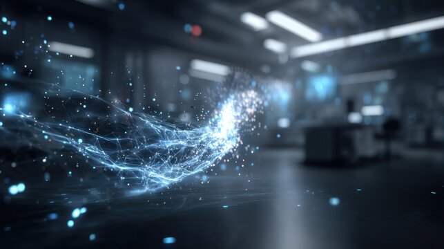 Dynamic motion graphic particle bursts over technology lab footage in futuristic environment close-up viewpoint
