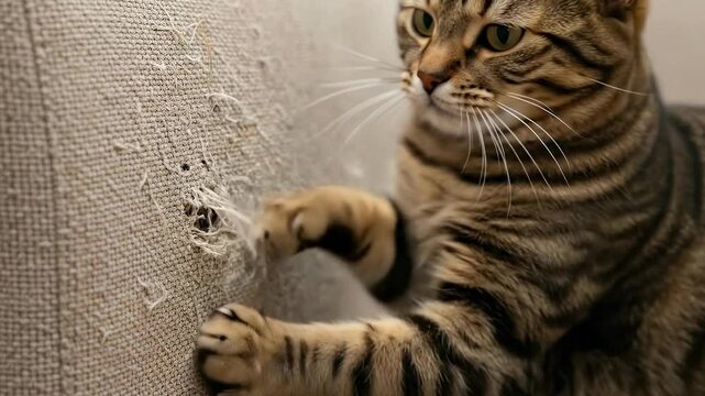 Curious cat scratching a couch, showcasing natural feline behavior and textured fabric interaction