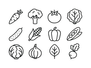 Vegetable Line Icons. Eating vegetables. Line icon set of Eating vegetables: carrot, broccoli, tomato, lettuce, cucumber, corn, bell pepper, peas, cabbage,