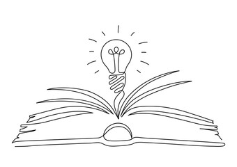 Open book with light bulb. Reading inspiration. New idea concept. Continuous line drawing.