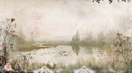 A romantic design featuring a faded watercolor landscape overlaid with delicate lace and subtle vintage typography perfect for a romantic novel cover