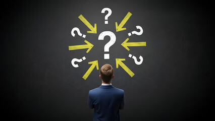 Businessman facing many questions and directional arrows, symbolizing difficult decisions and the search for answers