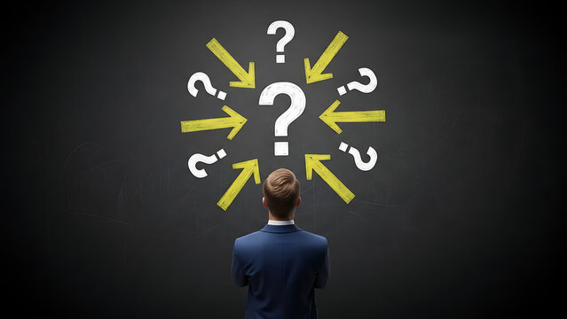 Businessman facing many questions and directional arrows, symbolizing difficult decisions and the search for answers
