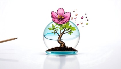 A Miniature Tree Growing Inside a Glass Sphere with a Blooming Flower.