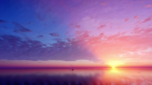 Cinematic tropical sunrise time-lapse, clouds shifting in vibrant purple, pink, orange, gold colors, calm ocean reflecting sky, silhouette of surfer or small boat in distance, soft cinematic lens flar