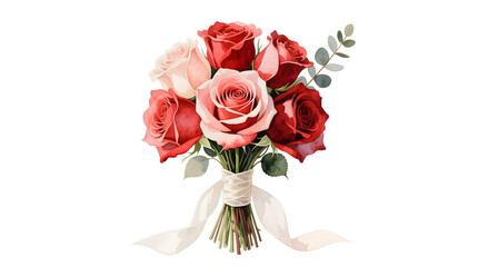 Classic wedding bouquet of deep red roses, hand-painted in a refined watercolor style with romantic mood.