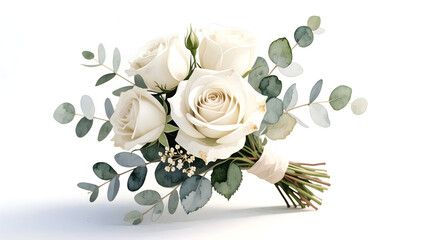 Elegant bridal bouquet of ivory roses and eucalyptus leaves, hand-painted in an airy watercolor style.