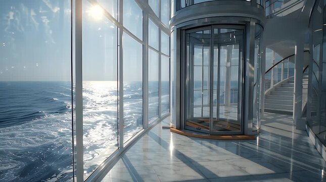 Modern luxury interior with glass walls offering stunning ocean view and bright sunlight reflections in a serene coastal environment