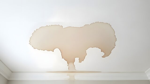 Water stain on white ceiling with dripping water and reflection water damage leak
