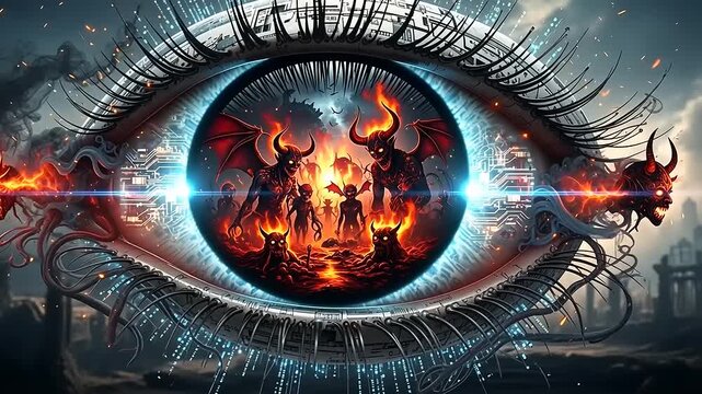 Apocalyptic Vision of Hell Reflected in a Giant Surreal Eye.