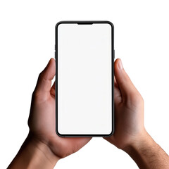 Hands support a smartphone that displays a blank screen in a home environment with good lighting