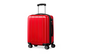 Red hard shell rolling suitcase standing, ready for international travel, business trip, or holiday vacation, transparent background