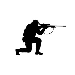Silhouette of a kneeling sniper aiming a high-powered rifle with scope.