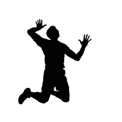 Silhouette of a man jumping with arms raised in the air.