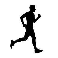 Silhouette of a man running against a white backdrop.