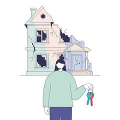 Woman holding keys in front of a damaged house with cracks  